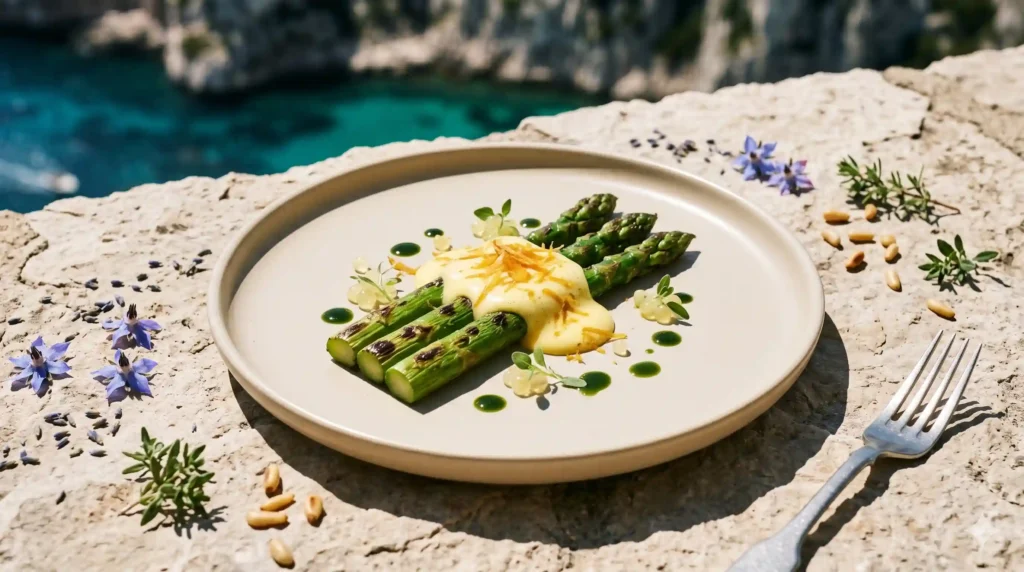 asperges vertes de roques hautes du restaurant Le Clos Méridien à Cassis.