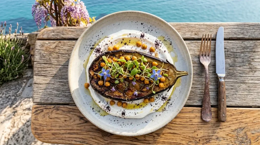 Aubergine confite au bois du restaurant Le Clos Méridien à Cassis.