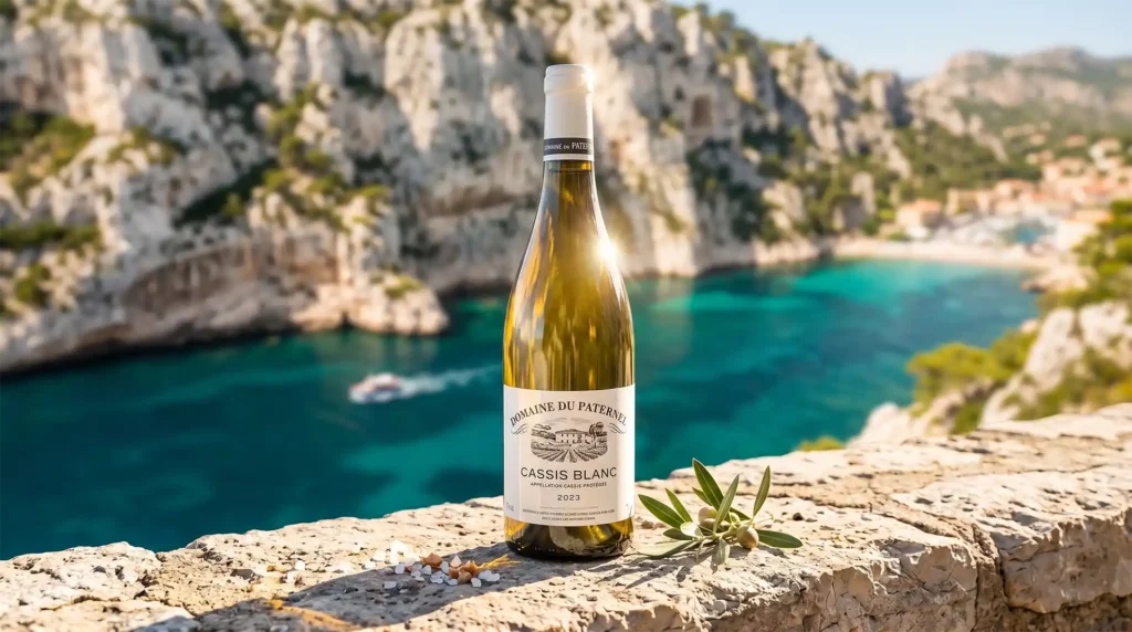 Bouteille de vin blanc Cassis Blanc du restaurant Le Clos Méridien à Cassis.